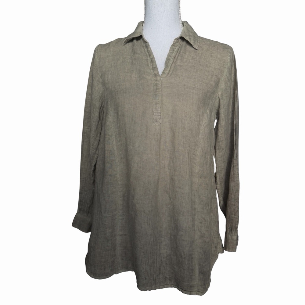 J JILL LOVE LINEN Garment Dyed SZ S‎ Petite Tunic Blouse Dried sage Green